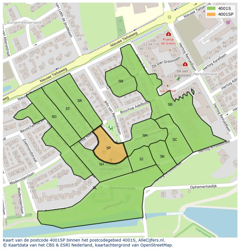 Afbeelding van het postcodegebied 4001 SP op de kaart.