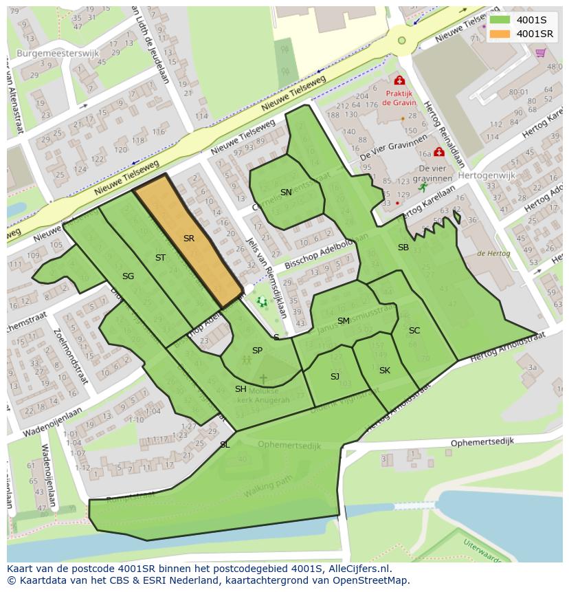Afbeelding van het postcodegebied 4001 SR op de kaart.
