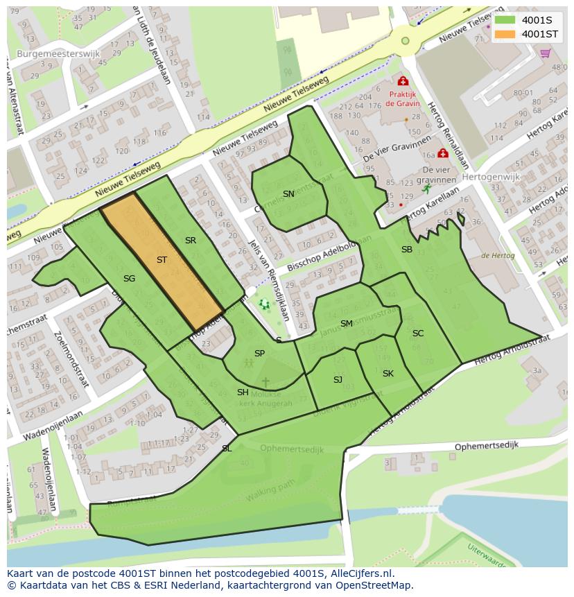 Afbeelding van het postcodegebied 4001 ST op de kaart.