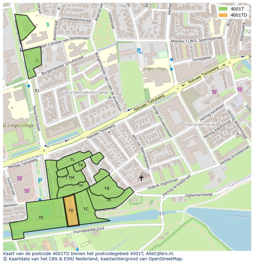 Afbeelding van het postcodegebied 4001 TD op de kaart.