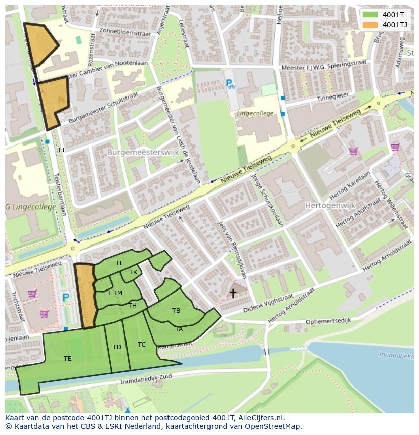 Afbeelding van het postcodegebied 4001 TJ op de kaart.