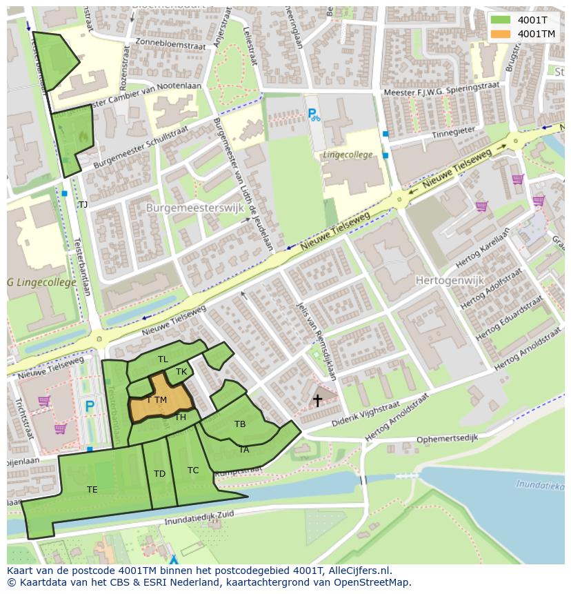 Afbeelding van het postcodegebied 4001 TM op de kaart.