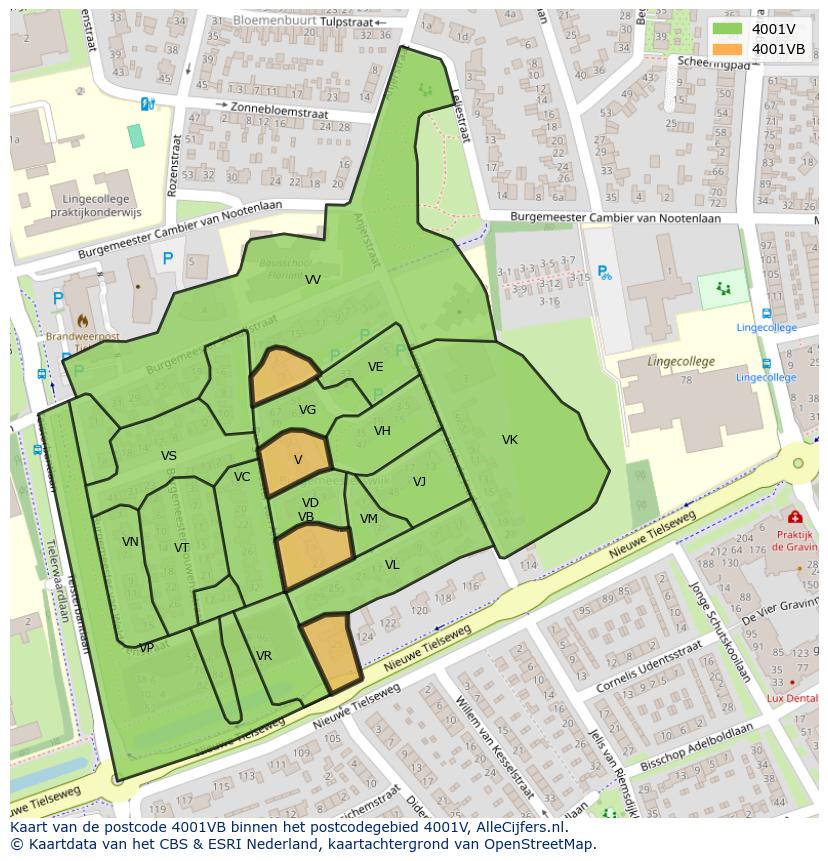 Afbeelding van het postcodegebied 4001 VB op de kaart.