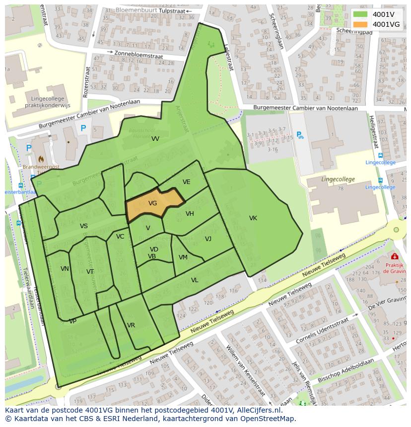 Afbeelding van het postcodegebied 4001 VG op de kaart.