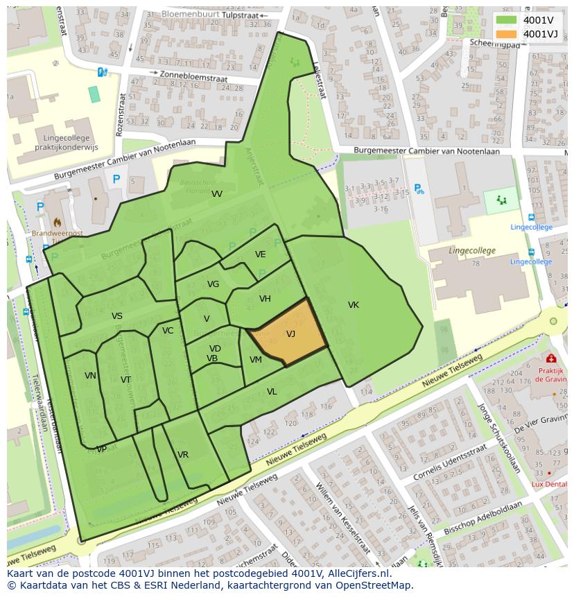 Afbeelding van het postcodegebied 4001 VJ op de kaart.