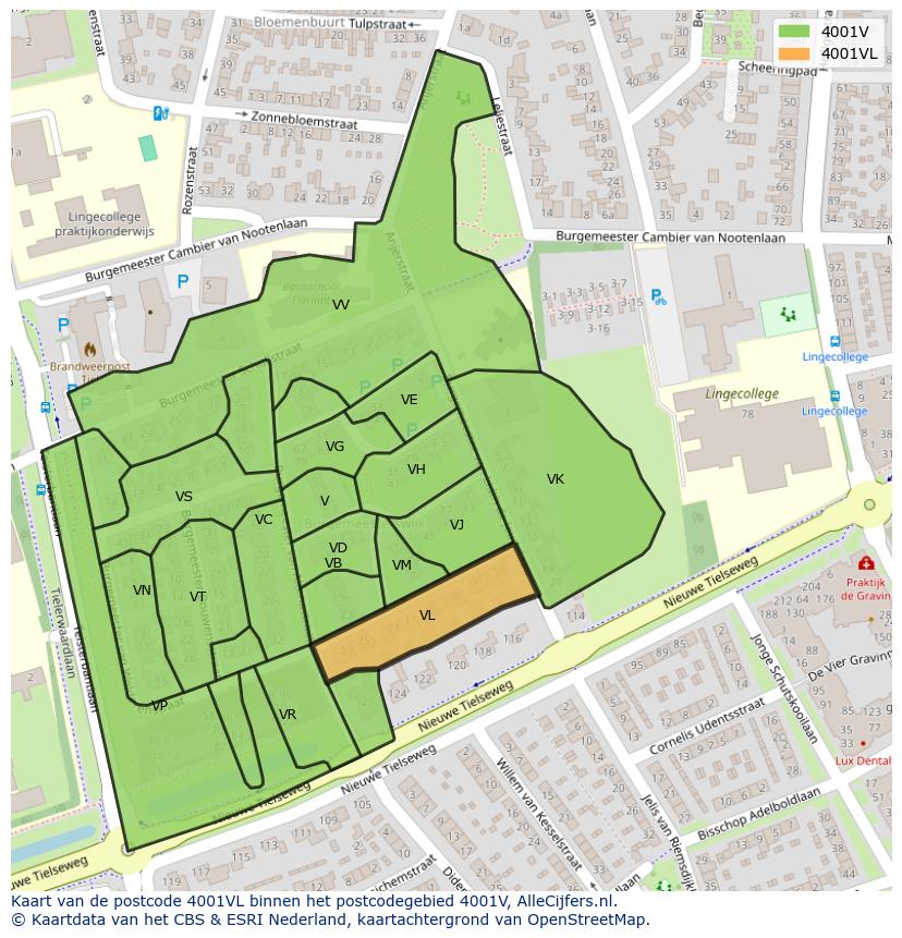 Afbeelding van het postcodegebied 4001 VL op de kaart.