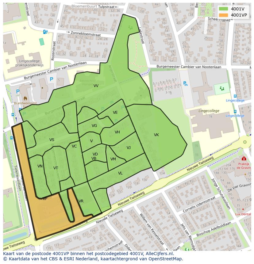 Afbeelding van het postcodegebied 4001 VP op de kaart.