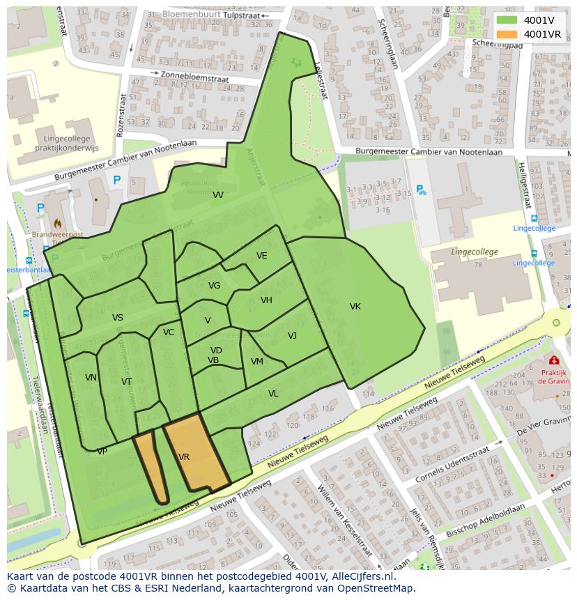 Afbeelding van het postcodegebied 4001 VR op de kaart.
