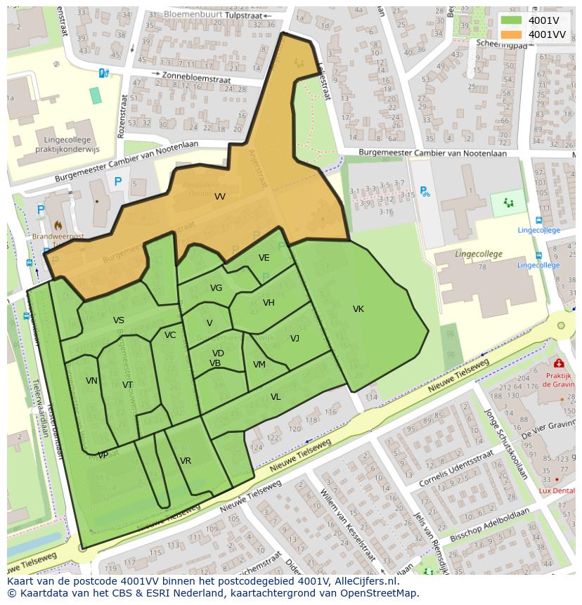 Afbeelding van het postcodegebied 4001 VV op de kaart.