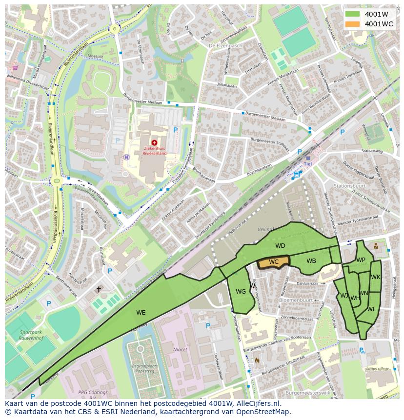 Afbeelding van het postcodegebied 4001 WC op de kaart.