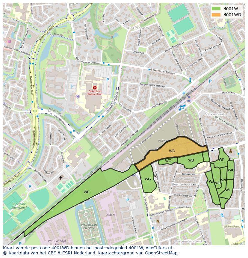 Afbeelding van het postcodegebied 4001 WD op de kaart.