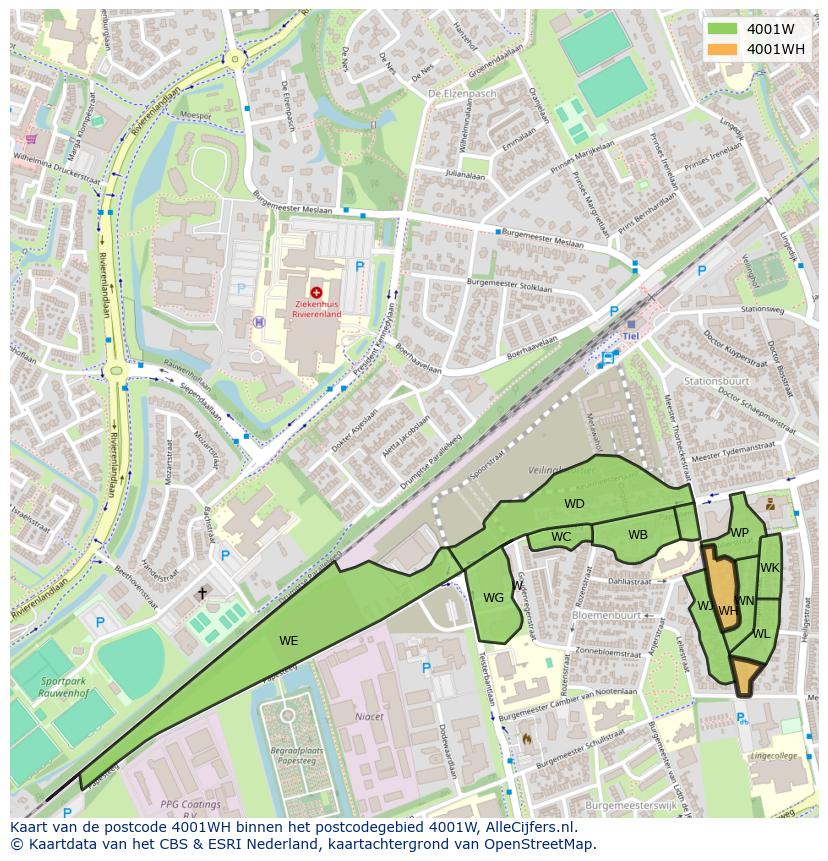 Afbeelding van het postcodegebied 4001 WH op de kaart.