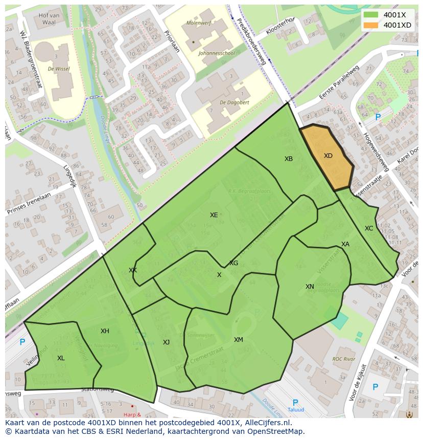 Afbeelding van het postcodegebied 4001 XD op de kaart.