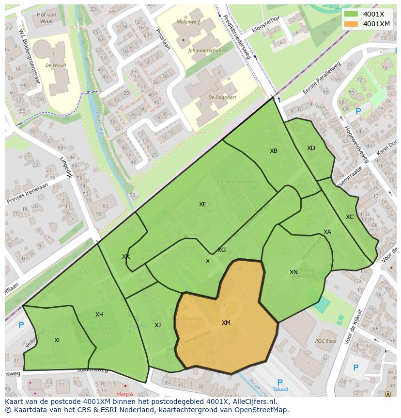 Afbeelding van het postcodegebied 4001 XM op de kaart.