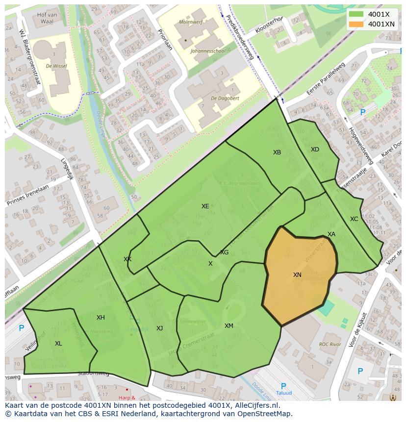 Afbeelding van het postcodegebied 4001 XN op de kaart.