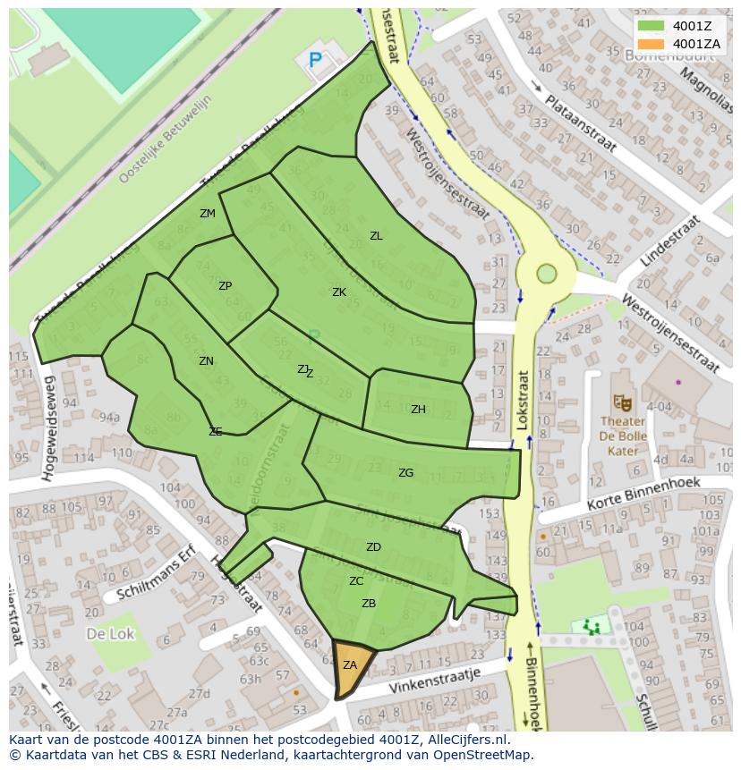 Afbeelding van het postcodegebied 4001 ZA op de kaart.