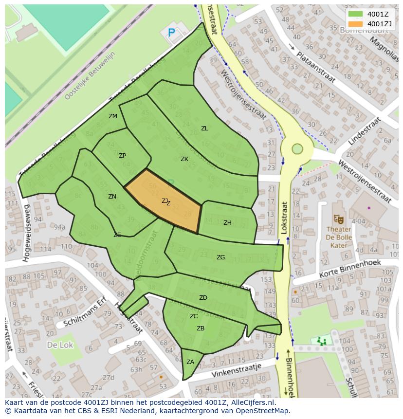 Afbeelding van het postcodegebied 4001 ZJ op de kaart.