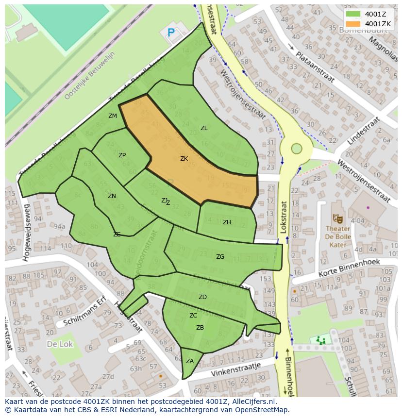 Afbeelding van het postcodegebied 4001 ZK op de kaart.