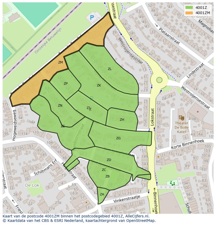 Afbeelding van het postcodegebied 4001 ZM op de kaart.