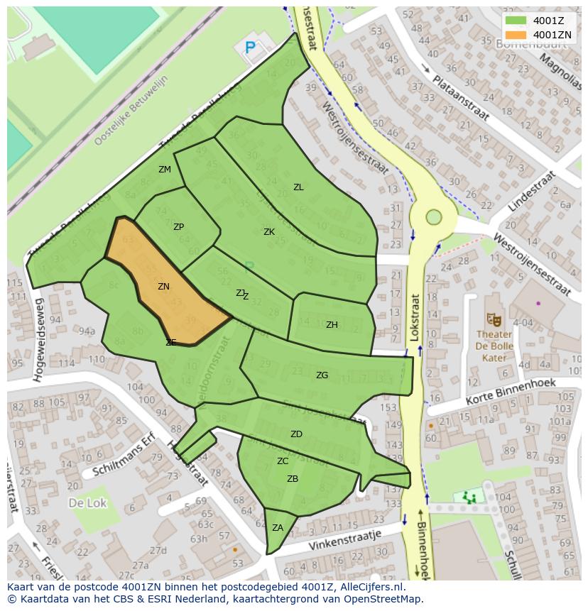 Afbeelding van het postcodegebied 4001 ZN op de kaart.