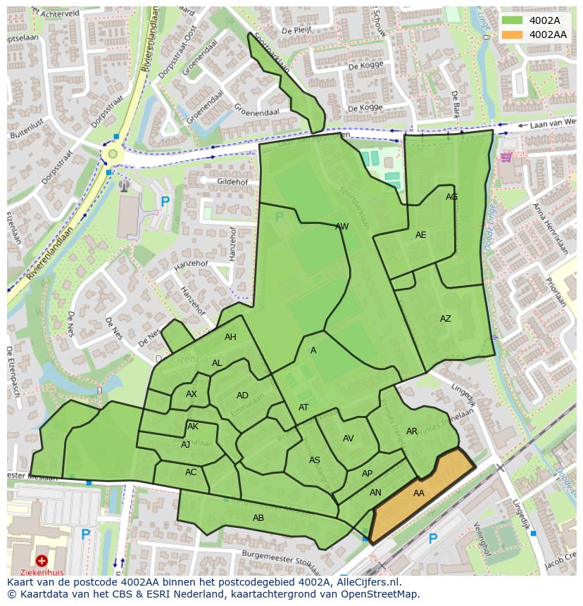 Afbeelding van het postcodegebied 4002 AA op de kaart.