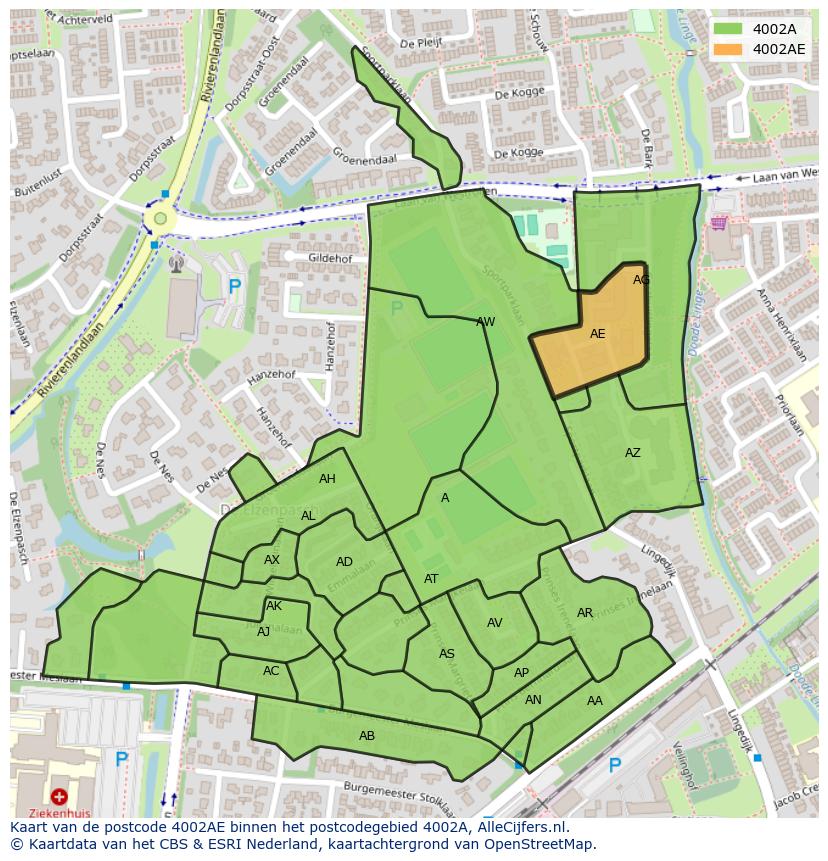 Afbeelding van het postcodegebied 4002 AE op de kaart.
