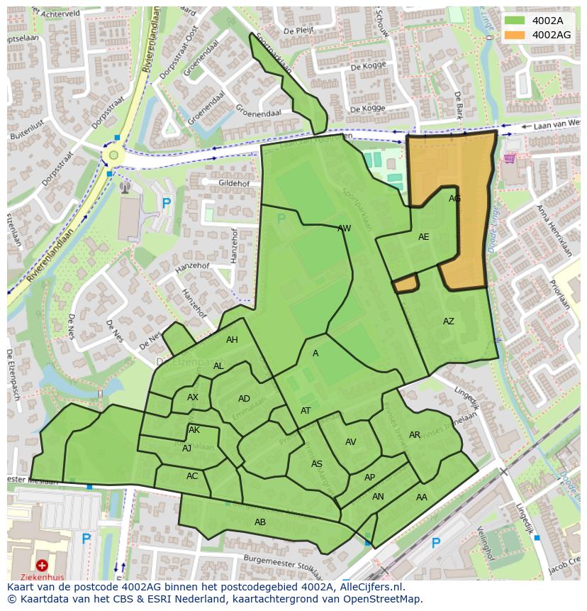 Afbeelding van het postcodegebied 4002 AG op de kaart.