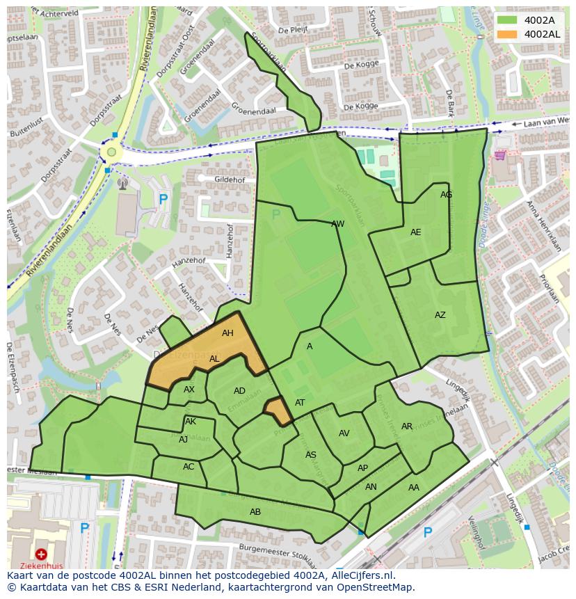 Afbeelding van het postcodegebied 4002 AL op de kaart.