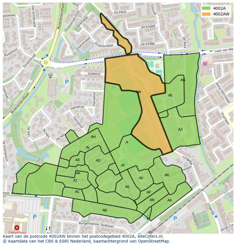 Afbeelding van het postcodegebied 4002 AW op de kaart.
