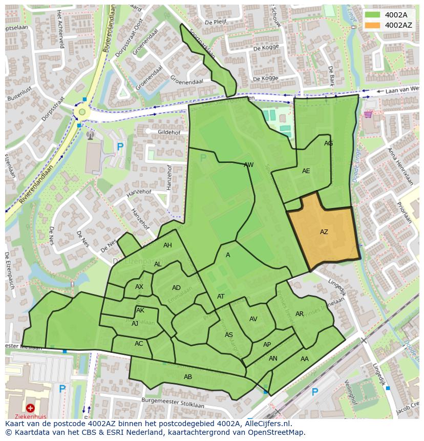 Afbeelding van het postcodegebied 4002 AZ op de kaart.