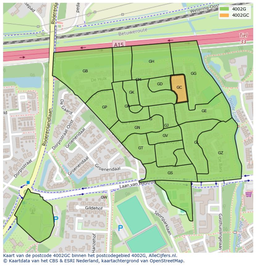 Afbeelding van het postcodegebied 4002 GC op de kaart.