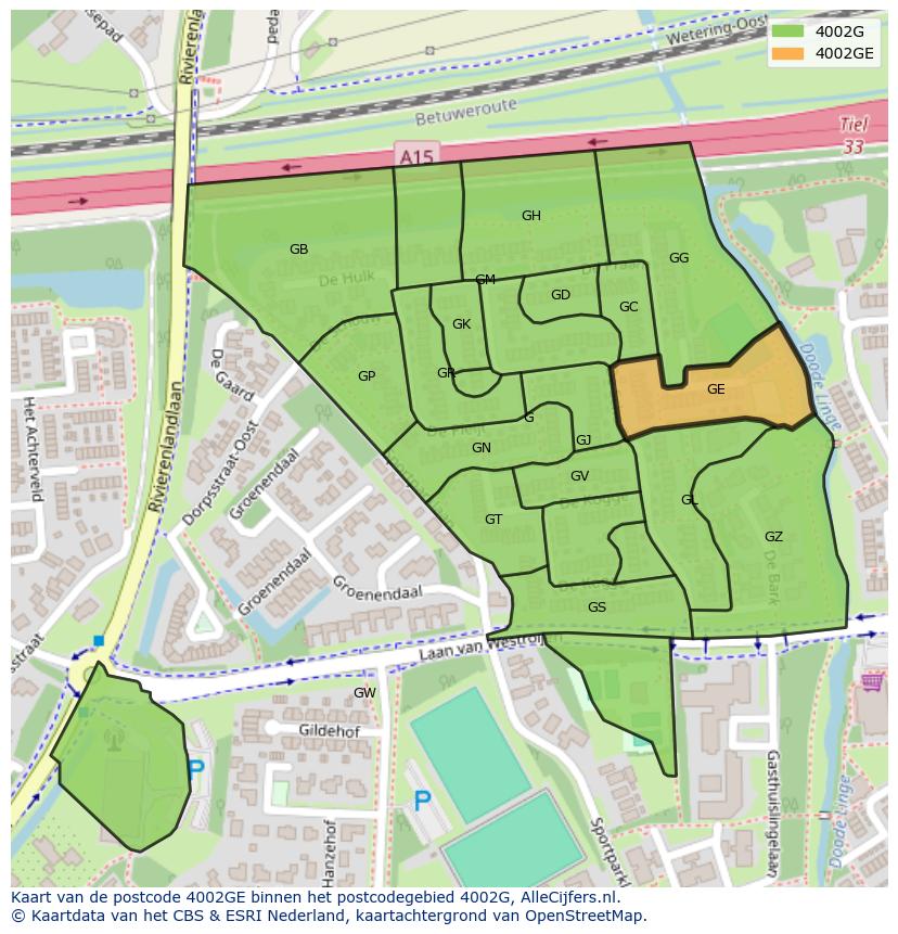 Afbeelding van het postcodegebied 4002 GE op de kaart.