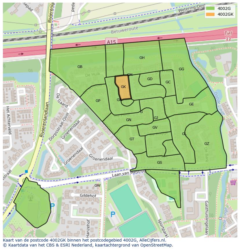 Afbeelding van het postcodegebied 4002 GK op de kaart.