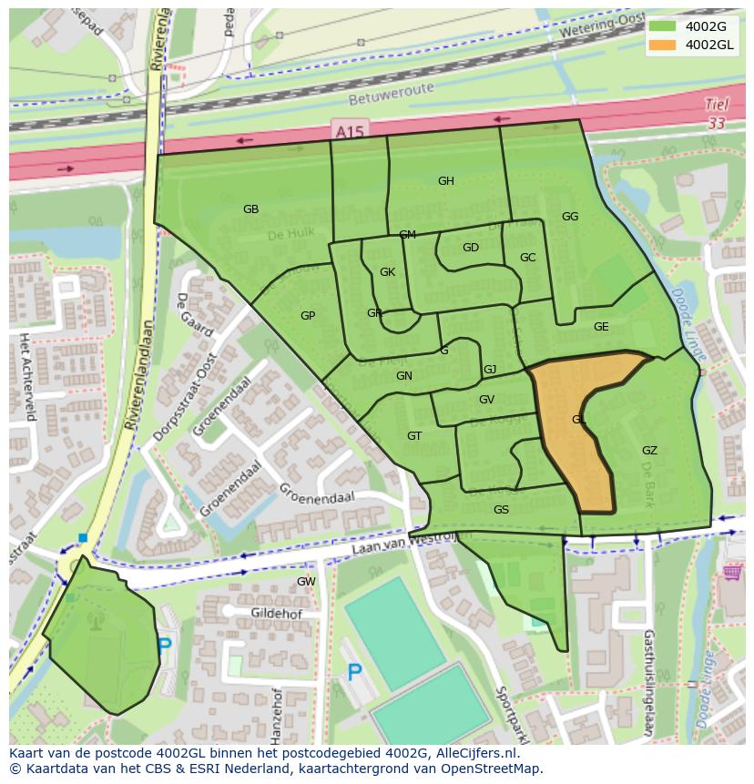 Afbeelding van het postcodegebied 4002 GL op de kaart.