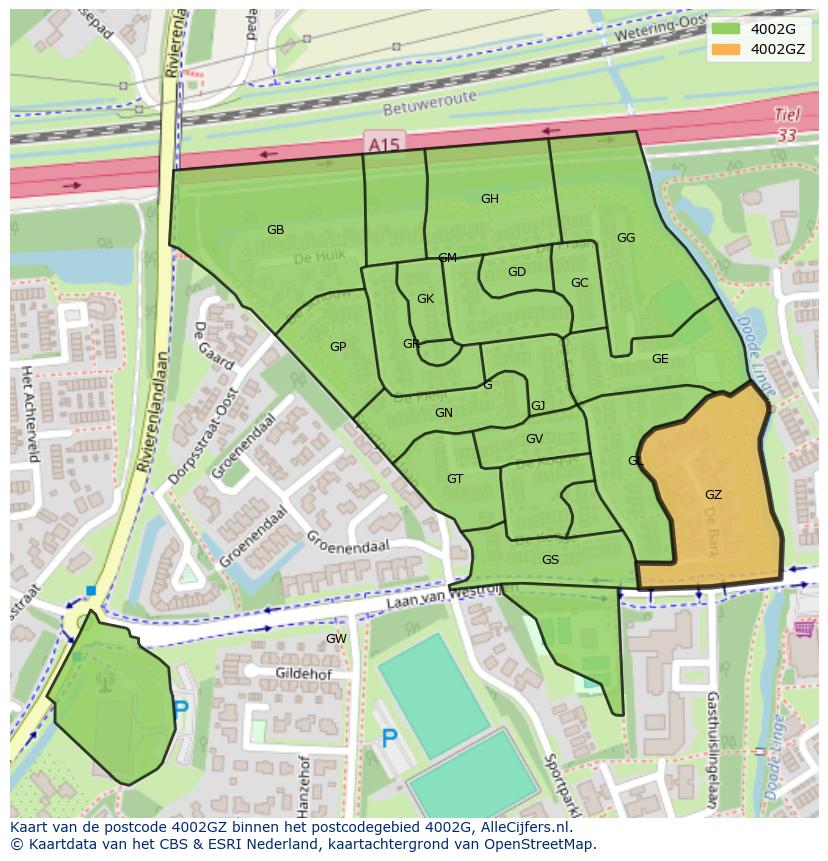 Afbeelding van het postcodegebied 4002 GZ op de kaart.