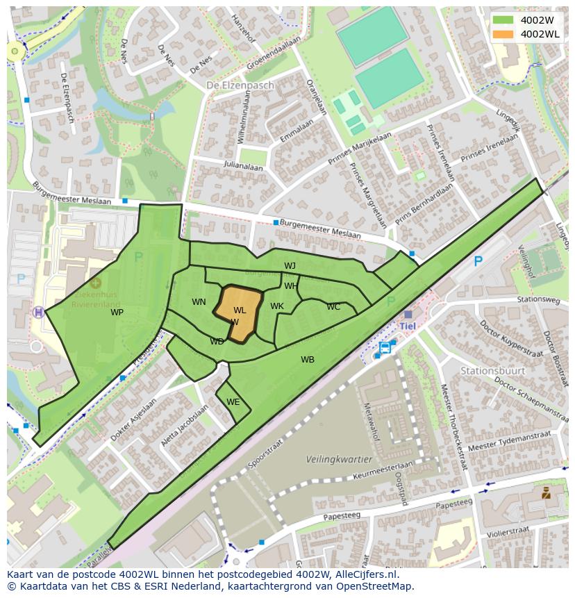 Afbeelding van het postcodegebied 4002 WL op de kaart.