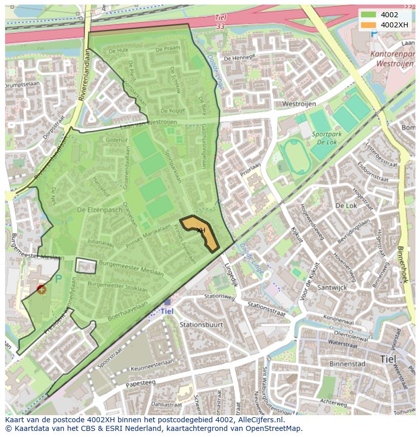 Afbeelding van het postcodegebied 4002 XH op de kaart.