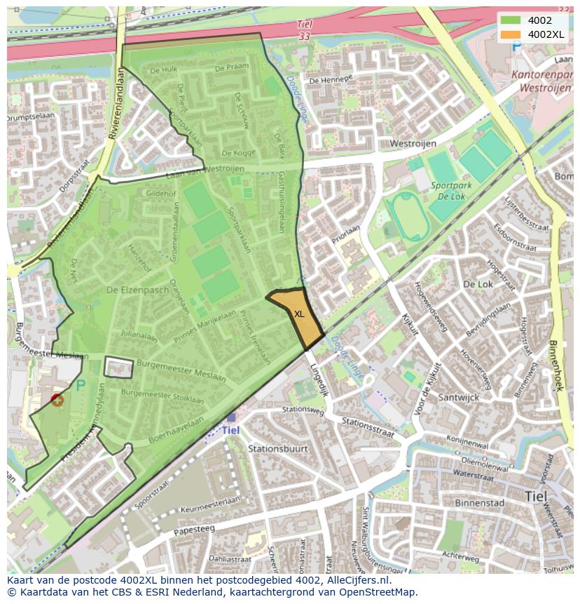 Afbeelding van het postcodegebied 4002 XL op de kaart.