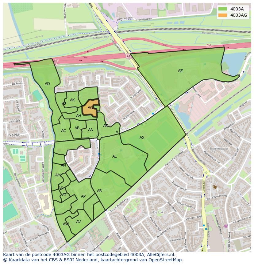 Afbeelding van het postcodegebied 4003 AG op de kaart.