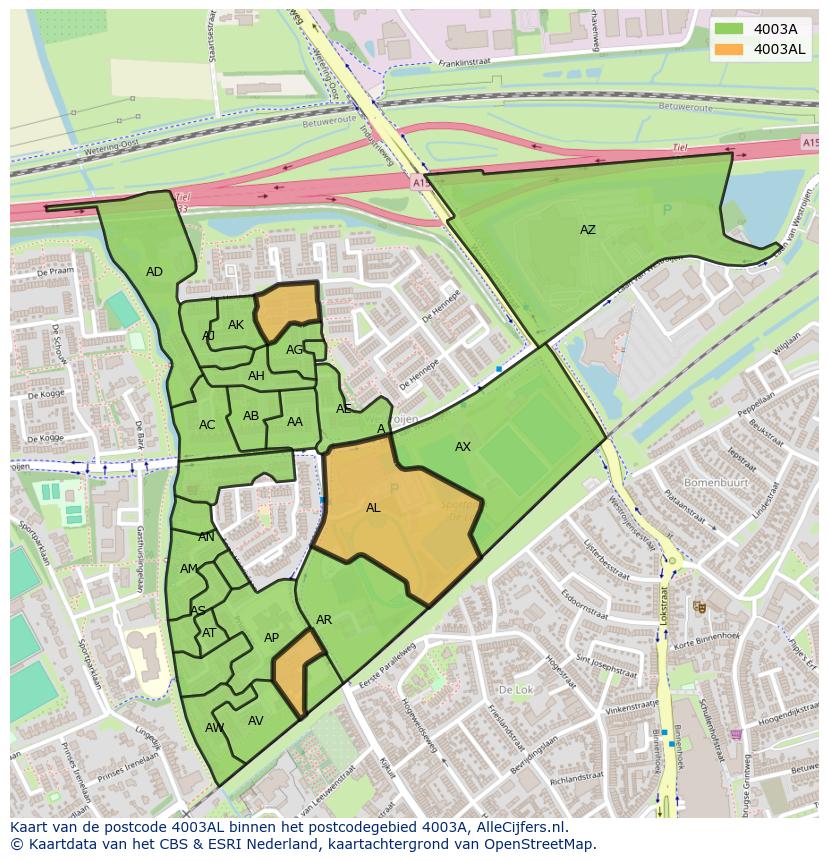 Afbeelding van het postcodegebied 4003 AL op de kaart.