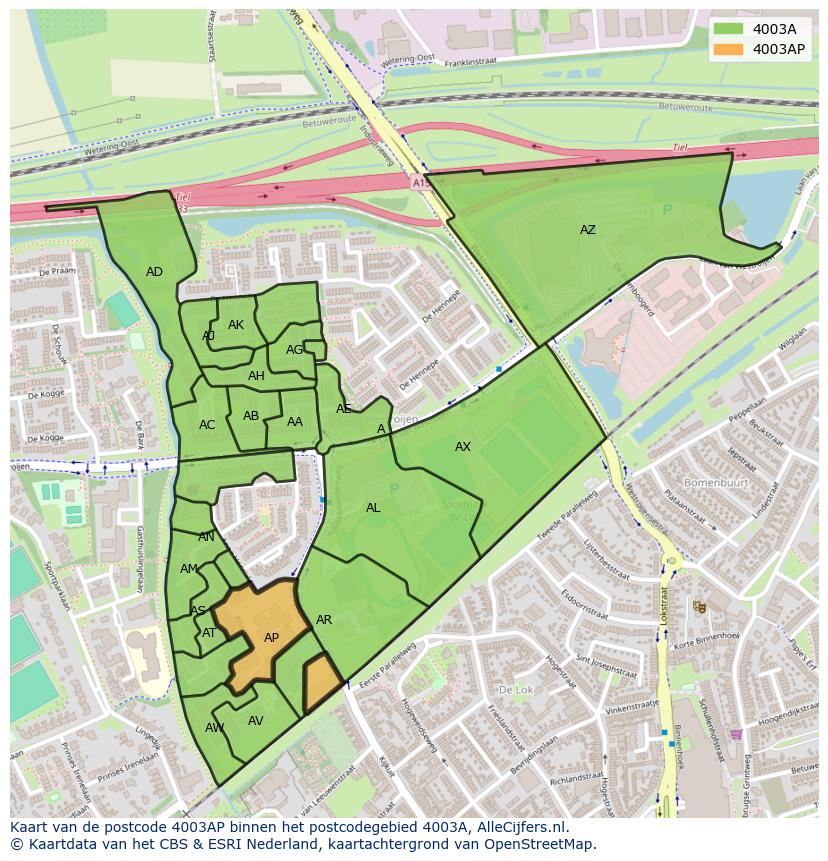 Afbeelding van het postcodegebied 4003 AP op de kaart.