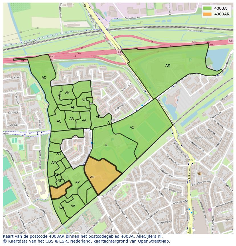 Afbeelding van het postcodegebied 4003 AR op de kaart.