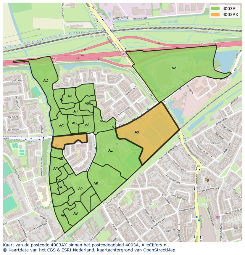 Afbeelding van het postcodegebied 4003 AX op de kaart.
