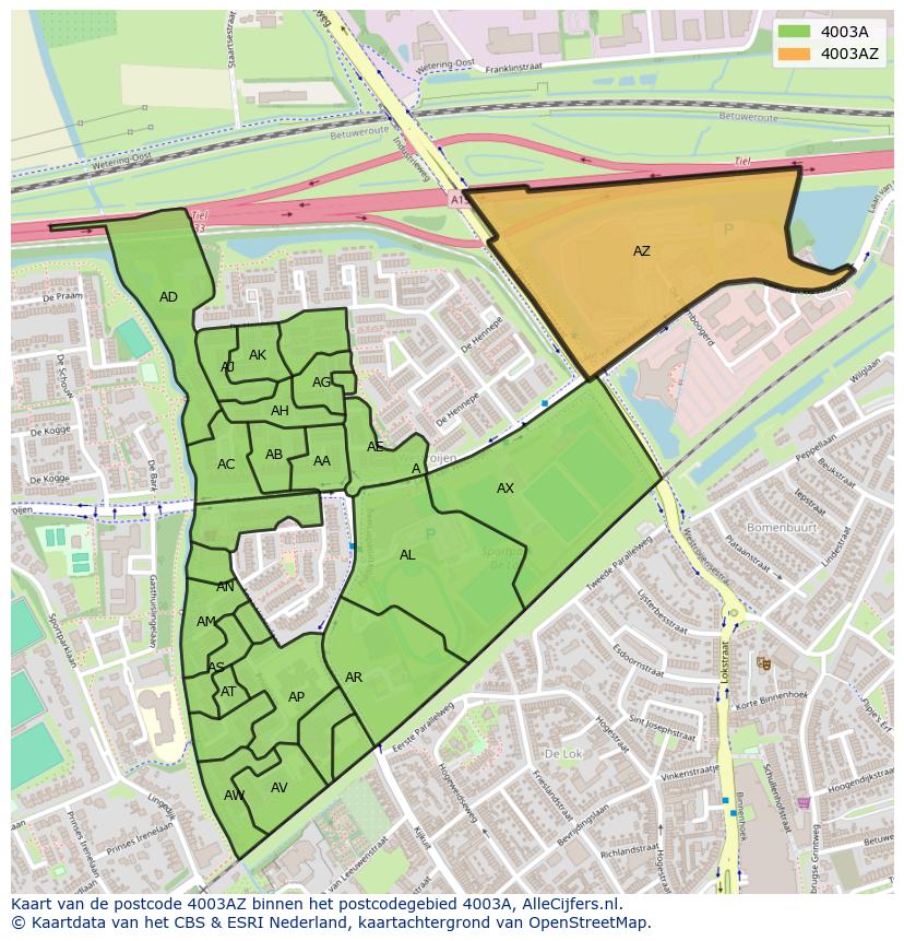 Afbeelding van het postcodegebied 4003 AZ op de kaart.