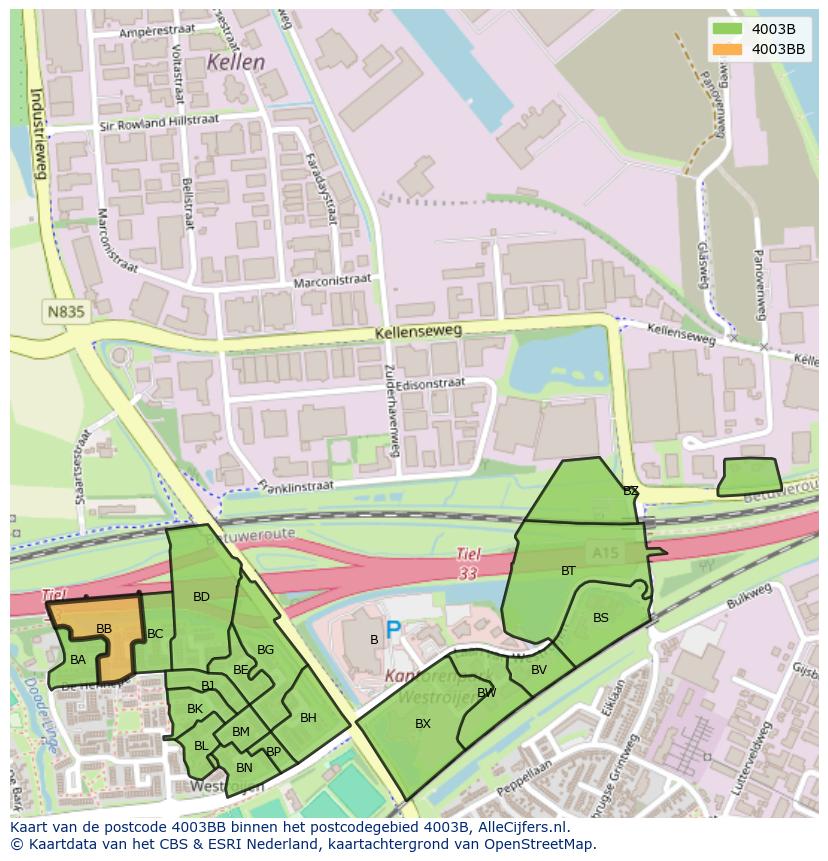 Afbeelding van het postcodegebied 4003 BB op de kaart.