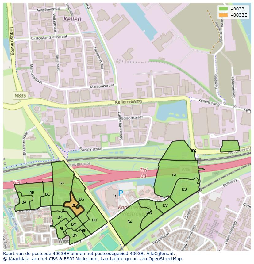 Afbeelding van het postcodegebied 4003 BE op de kaart.