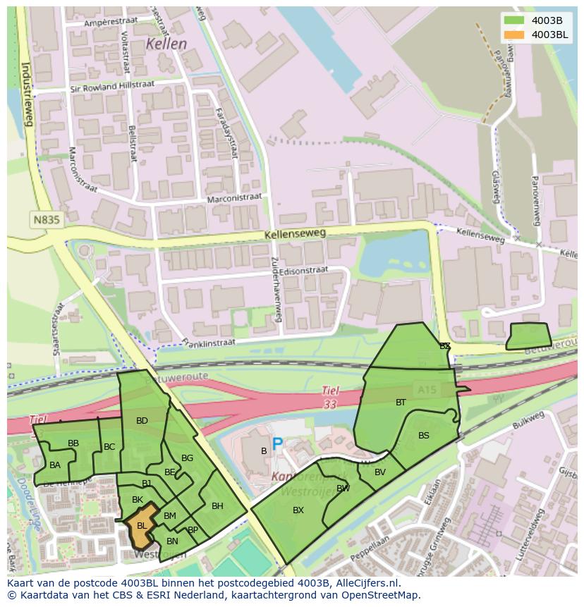 Afbeelding van het postcodegebied 4003 BL op de kaart.