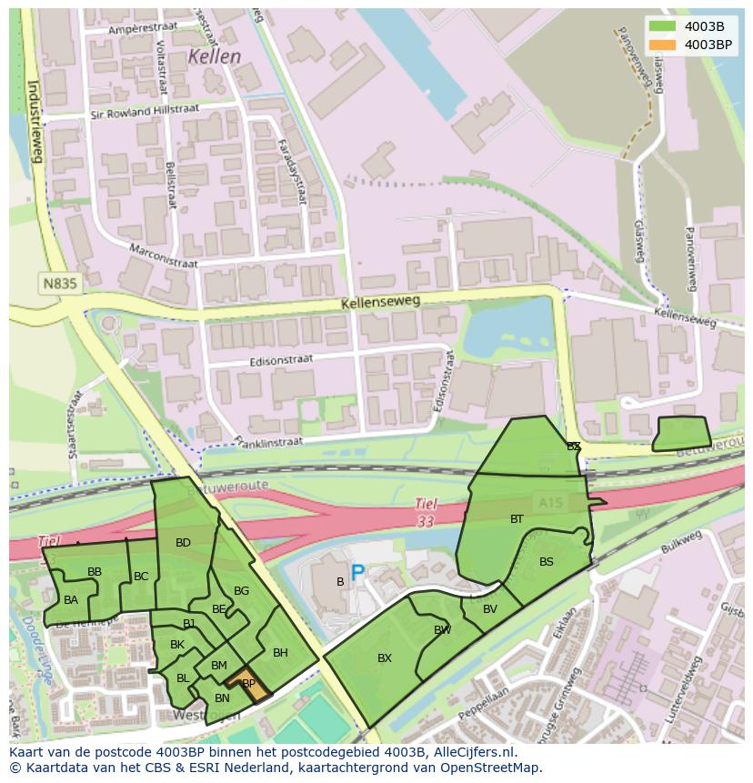 Afbeelding van het postcodegebied 4003 BP op de kaart.