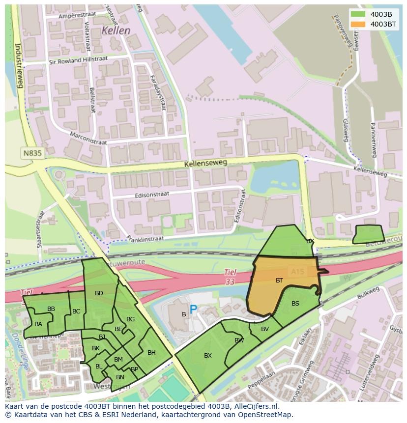 Afbeelding van het postcodegebied 4003 BT op de kaart.