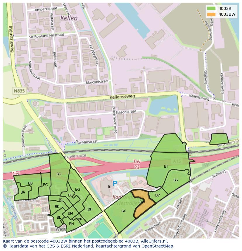 Afbeelding van het postcodegebied 4003 BW op de kaart.